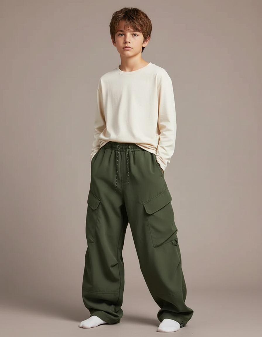 Pantalon Parachute Kaki Cargo Ample Garçon Streetwear - Polyester