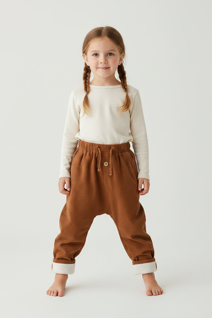 Pantalon Parachute Marron Côtelé Ample Chaud Enfant - Cordé