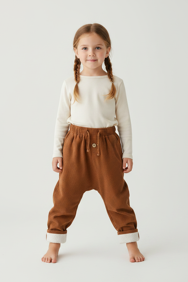 Pantalon Parachute Marron Côtelé Ample Chaud Enfant - Cordé