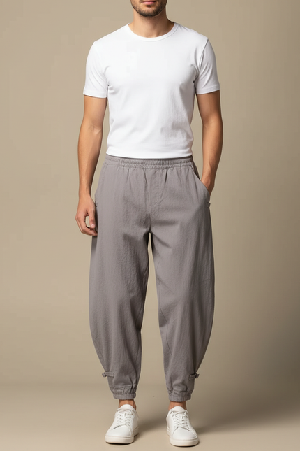 Pantalon Parachute Gris Coton Lin Ample Décontracté