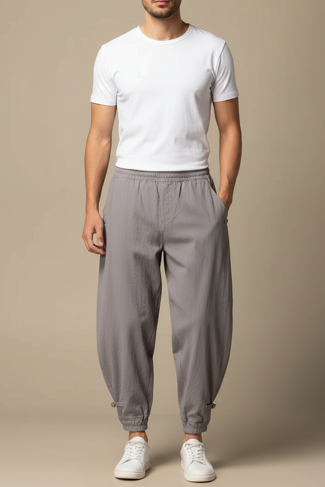 Pantalon Parachute Gris Coton Lin Ample Décontracté