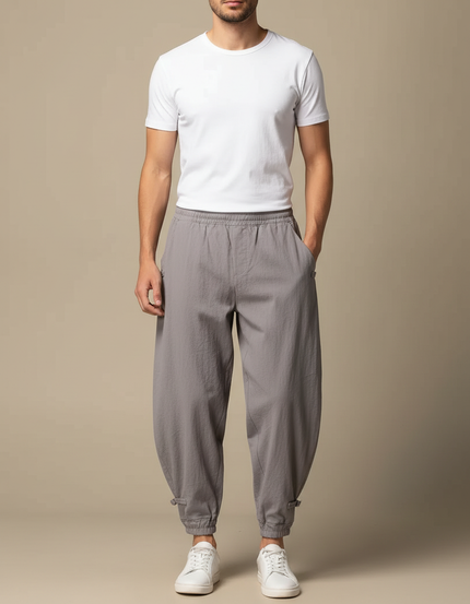 Pantalon Parachute Gris Coton Lin Ample Décontracté