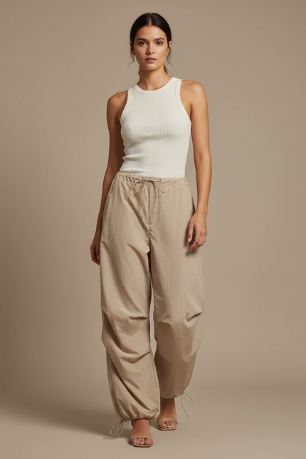 Pantalon Parachute Fluide Beige Taille Haute Femme - Polyester