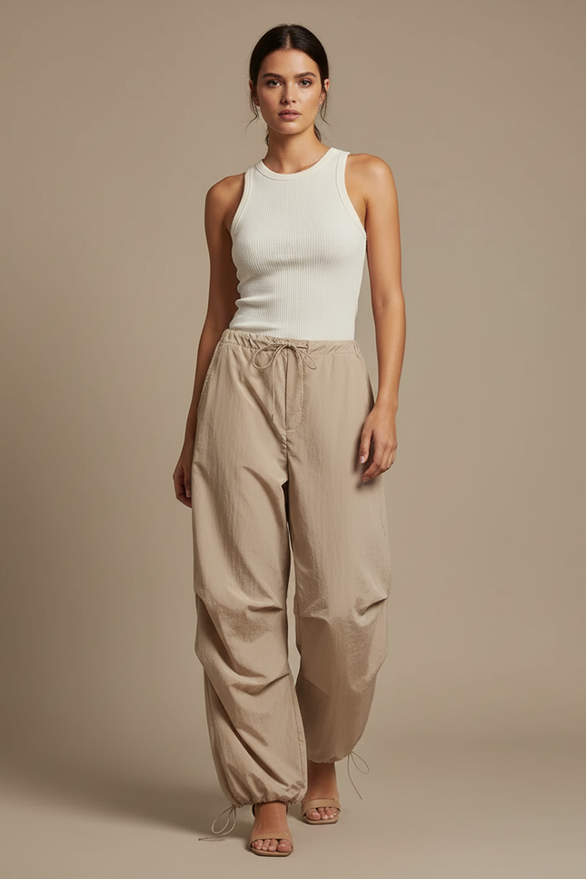 Pantalon Parachute Fluide Beige Taille Haute Femme - Polyester