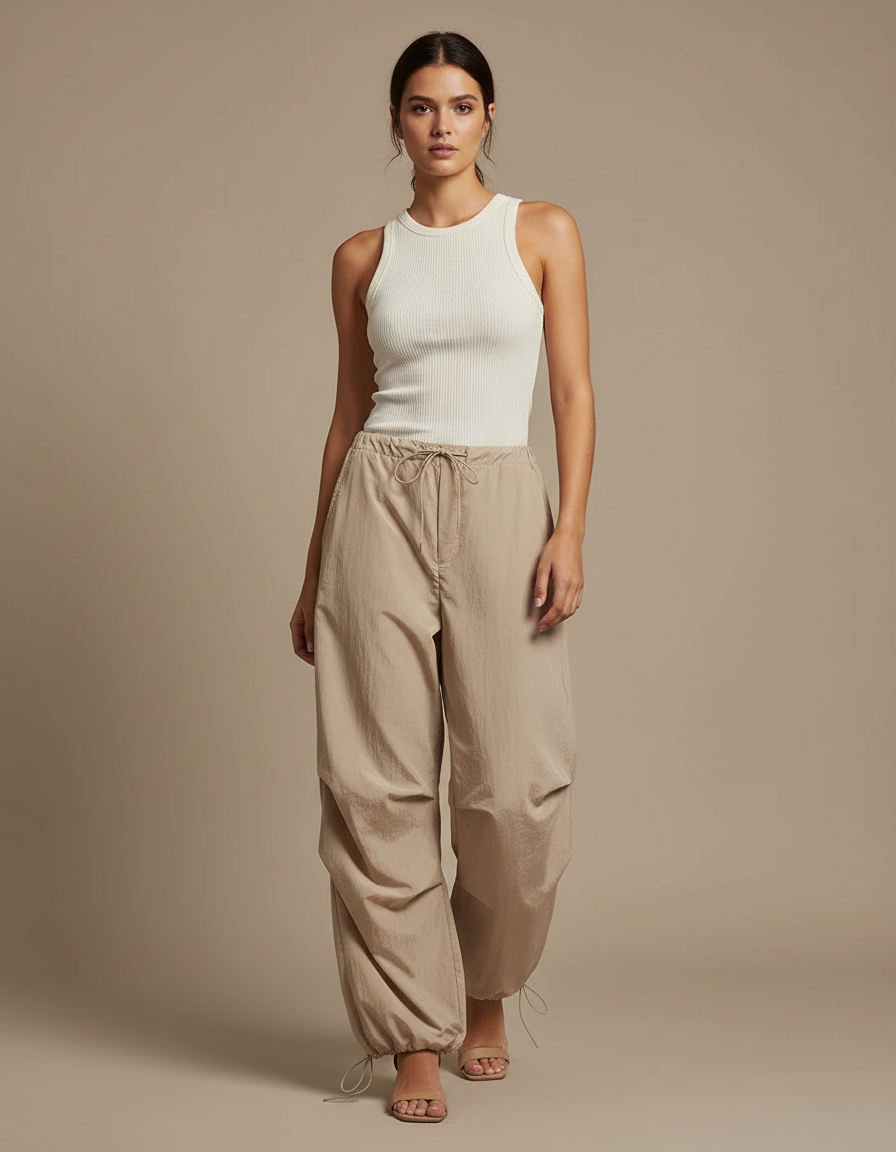 Pantalon Parachute Fluide Beige Taille Haute Femme - Polyester