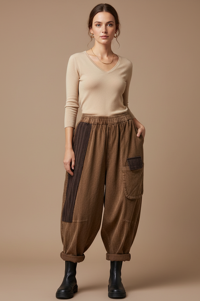 Pantalon Parachute Côtelé Marron Ample Patchwork Femme - Cordé