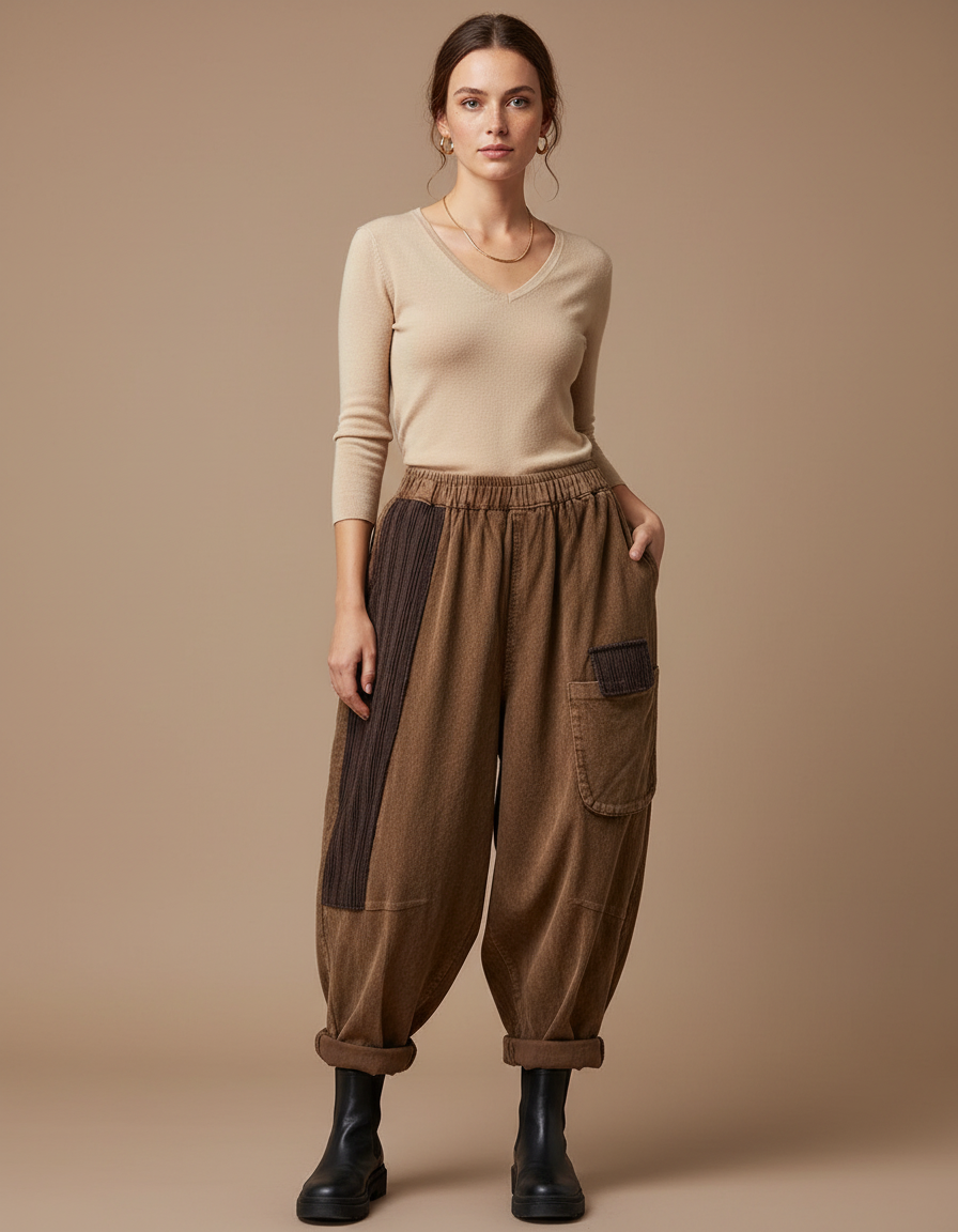 Pantalon Parachute Côtelé Marron Ample Patchwork Femme - Cordé