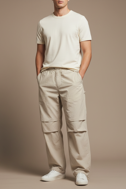 Pantalon Parachute Beige Ample Streetwear Léger Homme - Polyester