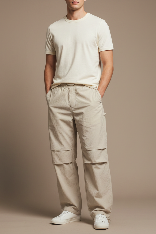 Pantalon Parachute Beige Ample Streetwear Léger Homme - Polyester
