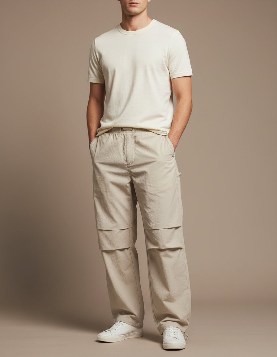 Pantalon Parachute Beige Ample Streetwear Léger Homme - Polyester