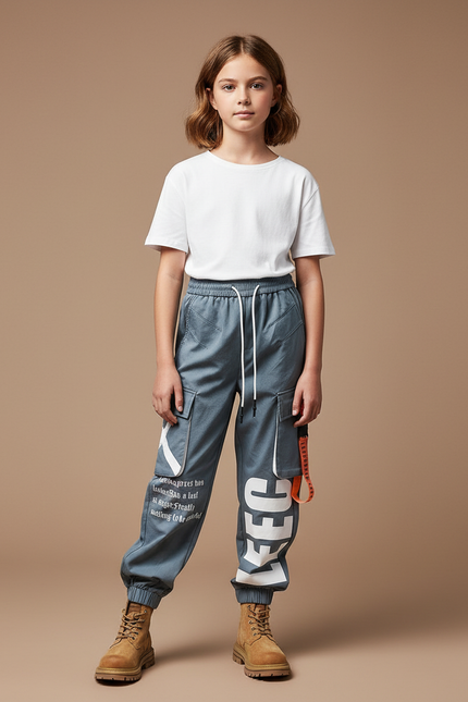 Pantalon Parachute Gris Imprimé Cargo Ample Streetwear - Toile