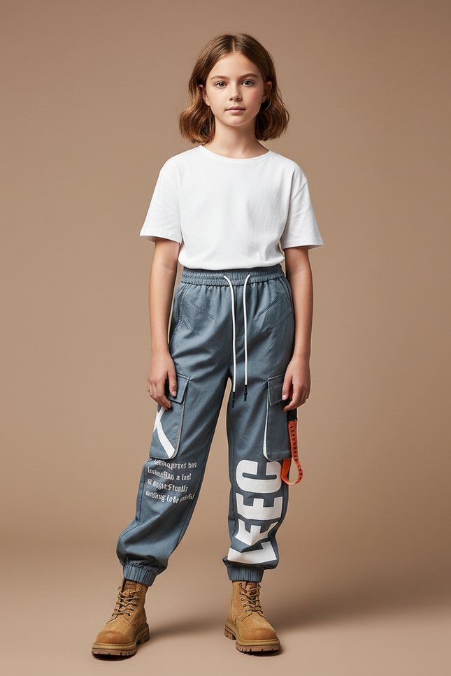 Pantalon Parachute Gris Imprimé Cargo Ample Streetwear - Toile