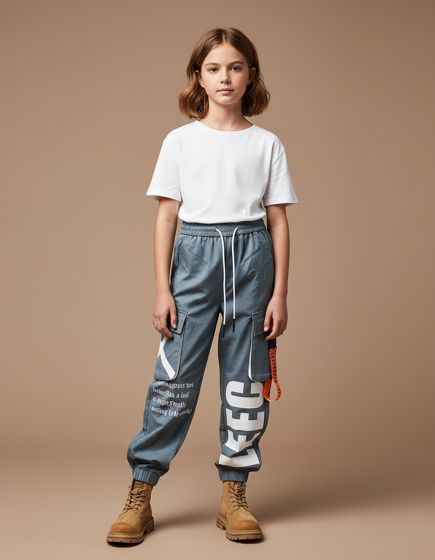 Pantalon Parachute Gris Imprimé Cargo Ample Streetwear - Toile
