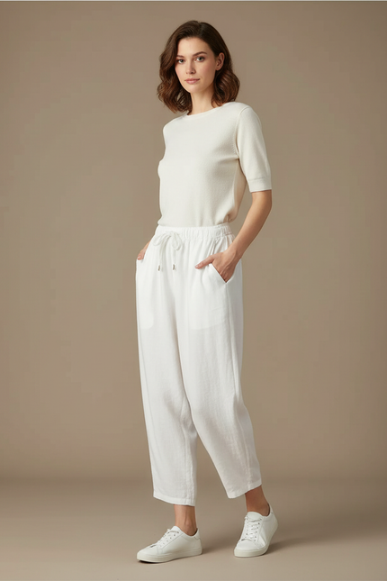 Pantalon Parachute Blanc Lin Ample Décontracté Fluide