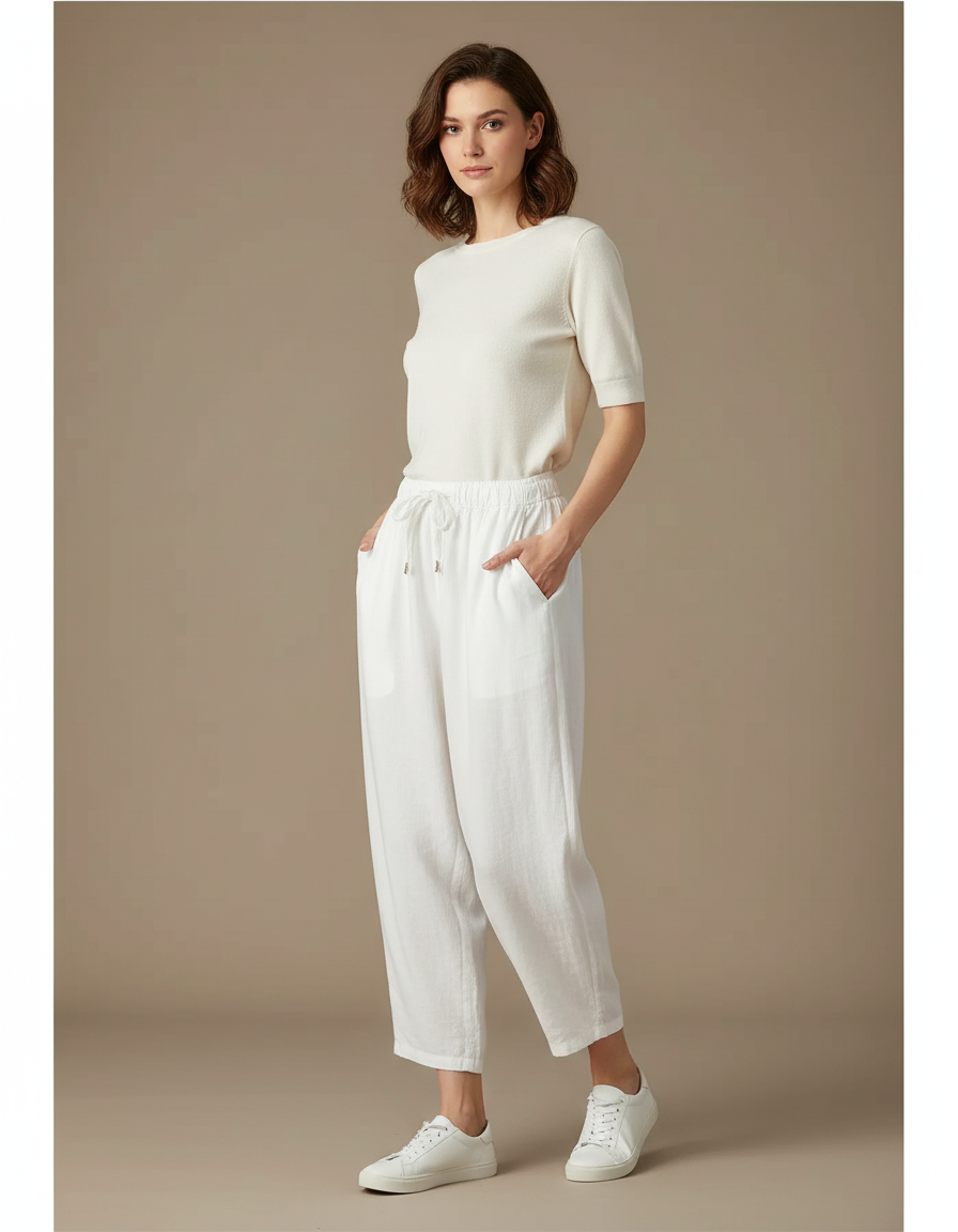 Pantalon Parachute Blanc Lin Ample Décontracté Fluide