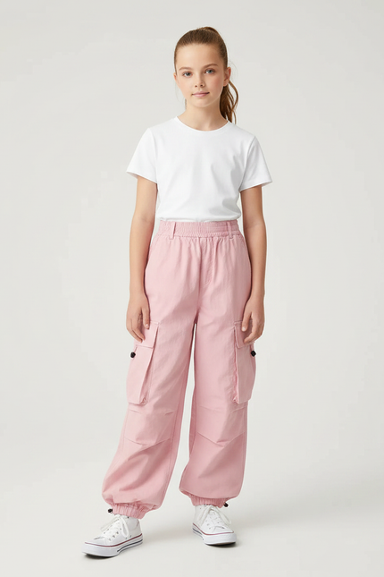 Pantalon Parachute Rose Cargo Ample Fille - Toile