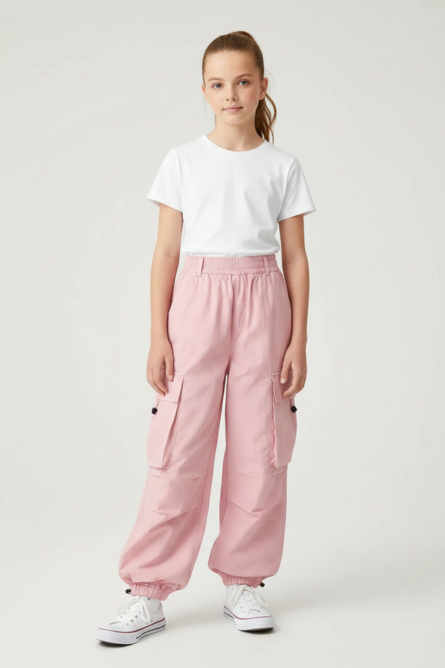 Pantalon Parachute Rose Cargo Ample Fille - Toile
