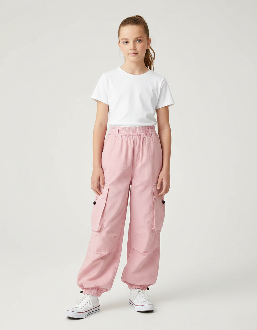 Pantalon Parachute Rose Cargo Ample Fille - Toile
