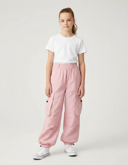 Pantalon Parachute Rose Cargo Ample Fille - Toile