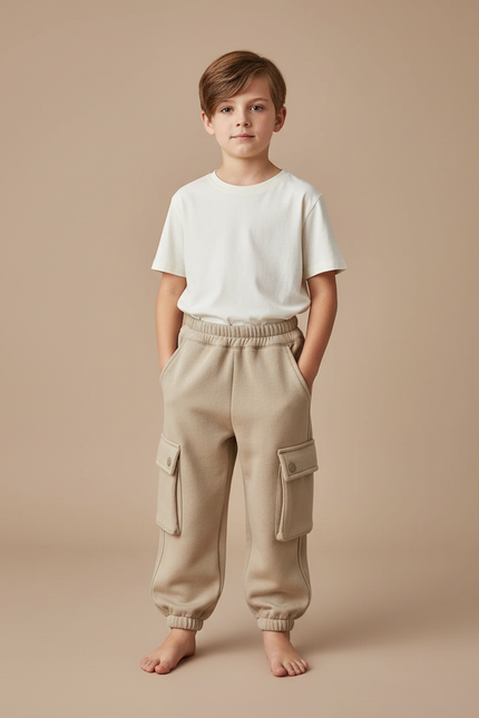 Pantalon Parachute Enfant Molletonné Cargo Beige Doux