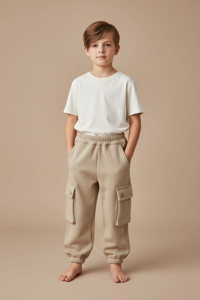 Pantalon Parachute Enfant Molletonné Cargo Beige Doux
