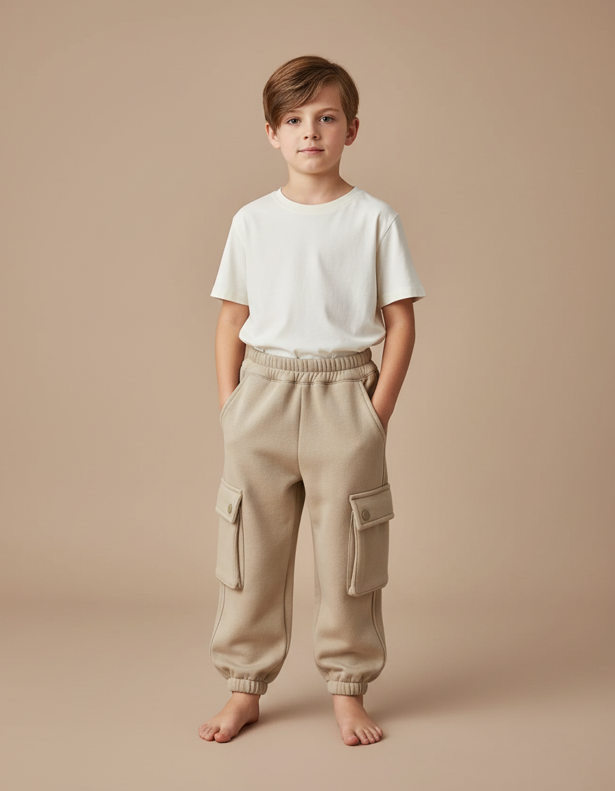 Pantalon Parachute Enfant Molletonné Cargo Beige Doux