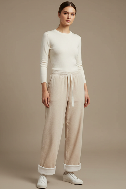 Pantalon Parachute Beige Côtelé Décontracté Doublé Polaire - Cordé