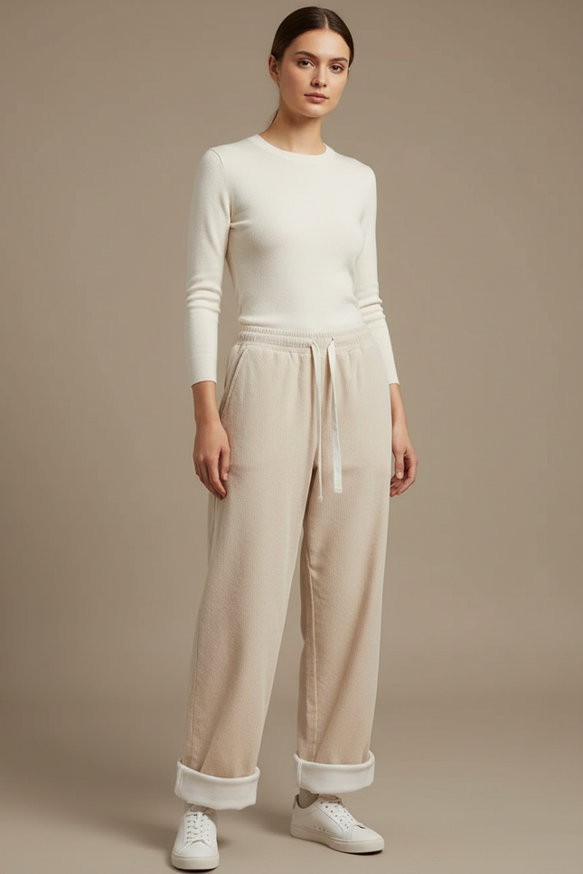 Pantalon Parachute Beige Côtelé Décontracté Doublé Polaire - Cordé