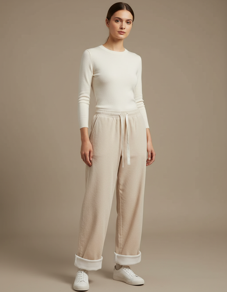 Pantalon Parachute Beige Côtelé Décontracté Doublé Polaire - Cordé