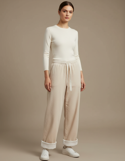 Pantalon Parachute Beige Côtelé Décontracté Doublé Polaire - Cordé
