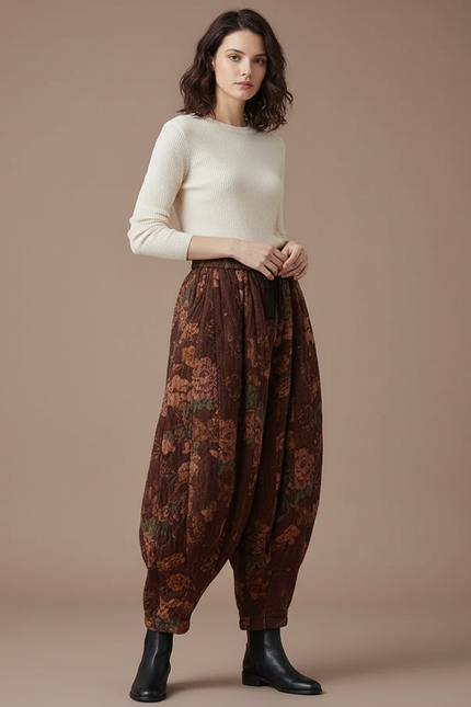 Pantalon Parachute Coton Imprimé Floral Ample Marron