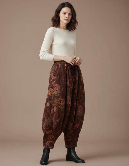 Pantalon Parachute Coton Imprimé Floral Ample Marron