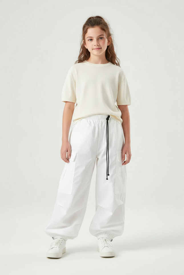 Pantalon Parachute Blanc Cargo Ample Décontracté Enfant - Polyester