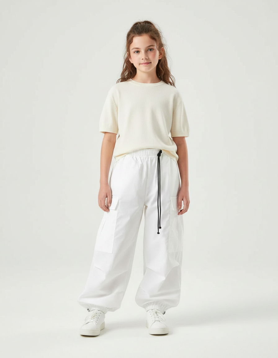 Pantalon Parachute Blanc Cargo Ample Décontracté Enfant - Polyester