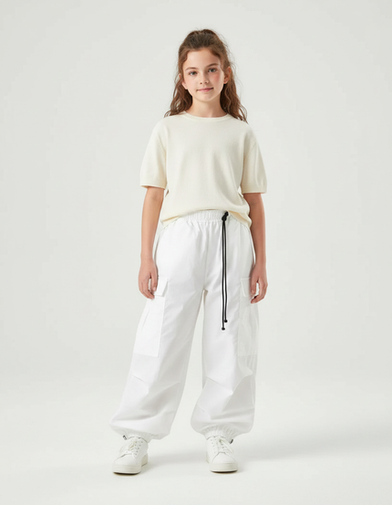 Pantalon Parachute Blanc Cargo Ample Décontracté Enfant - Polyester