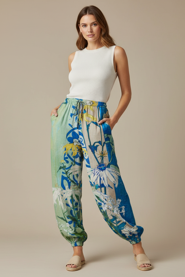 Pantalon Parachute Fluide Imprimé Floral Taille Élastique - Lin