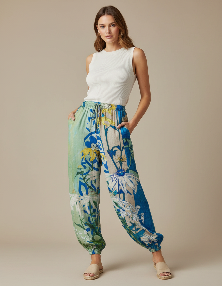 Pantalon Parachute Fluide Imprimé Floral Taille Élastique - Lin