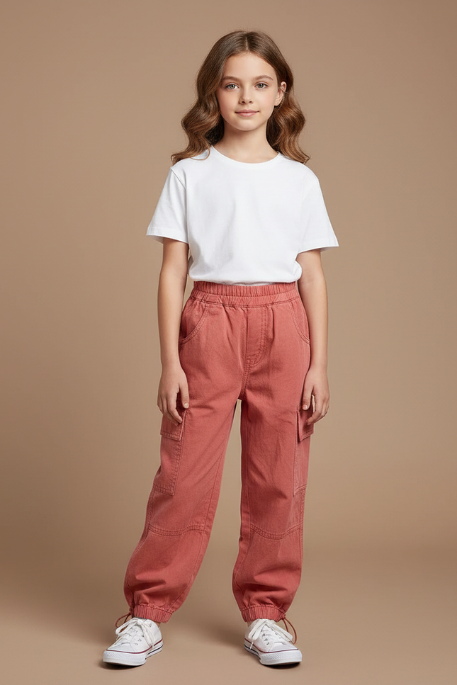 Pantalon Parachute Enfant Cargo Coton Rose Ample
