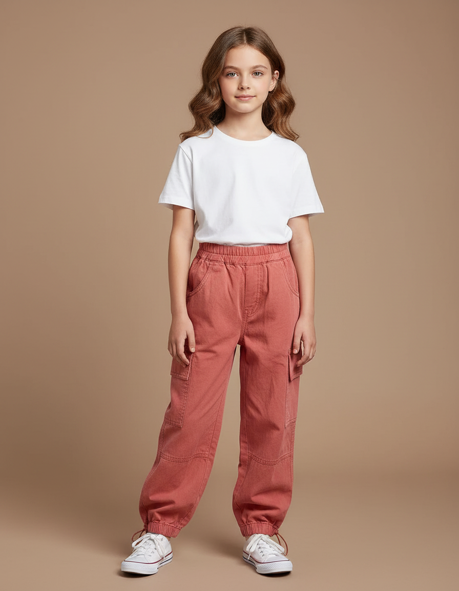 Pantalon Parachute Enfant Cargo Coton Rose Ample