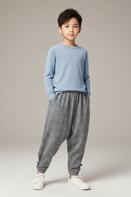 Pantalon Parachute Gris Carreaux Ample Enfant - Tweed