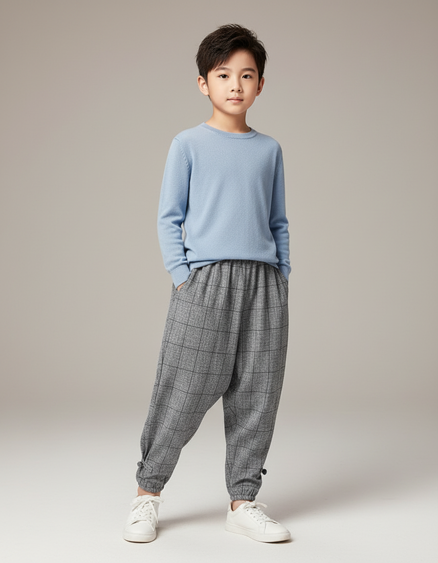 Pantalon Parachute Gris Carreaux Ample Enfant - Tweed