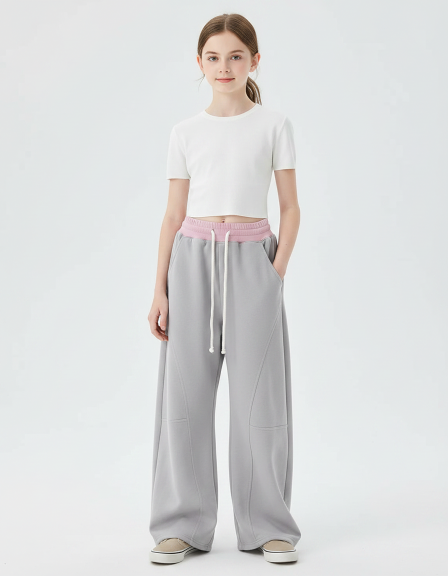 Pantalon Parachute Gris Ample Cordon Sport Fille - Molleton