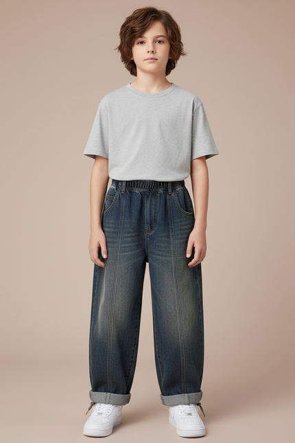 Pantalon Parachute Denim Ample Décontracté Garçon - Bleu Jean