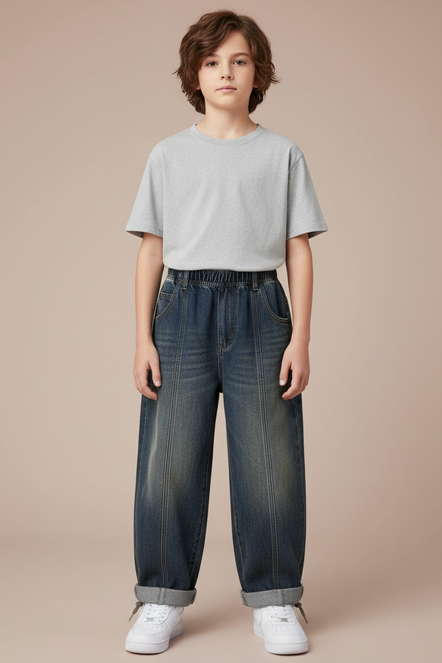 Pantalon Parachute Denim Ample Décontracté Garçon - Bleu Jean