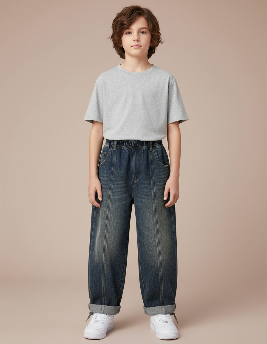 Pantalon Parachute Denim Ample Décontracté Garçon - Bleu Jean