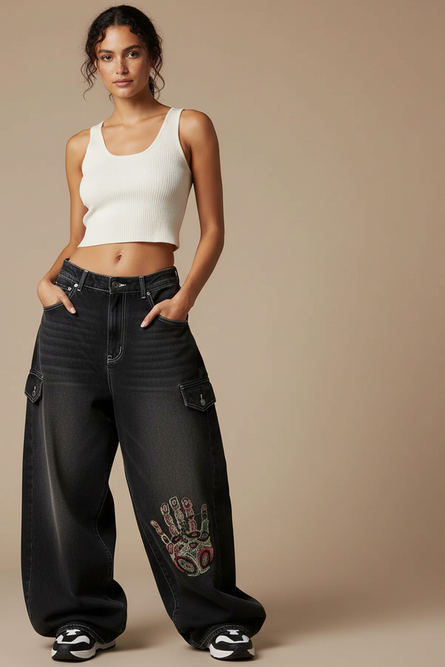 Pantalon Parachute Noir Délavé Ample Denim Imprimé Femme - Jean
