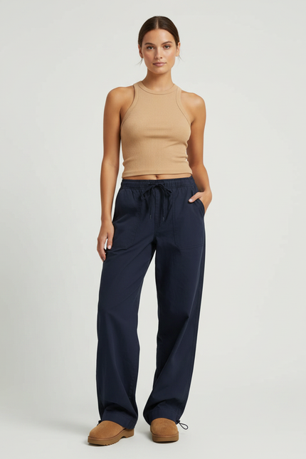 Pantalon Parachute Femme Bleu Marine Resserré Aux Chevilles - Coton