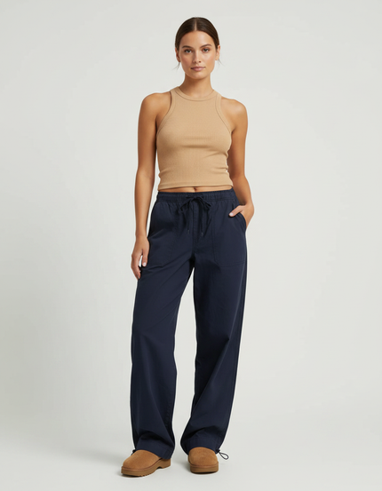Pantalon Parachute Femme Bleu Marine Resserré Aux Chevilles - Coton