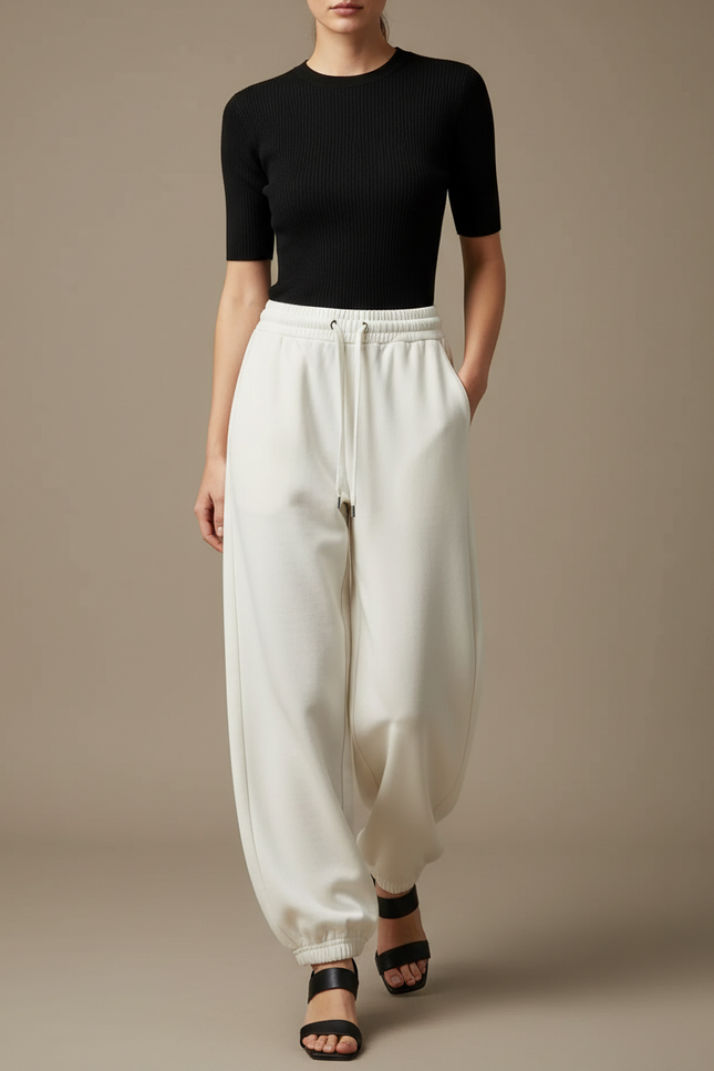 Pantalon Parachute Blanc Ample Cordon Décontracté - Molleton