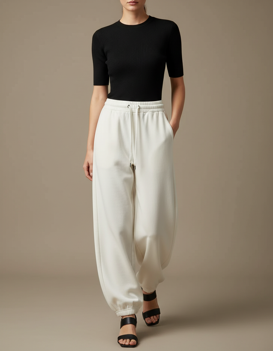 Pantalon Parachute Blanc Ample Cordon Décontracté - Molleton